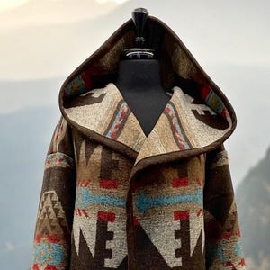 Wool Blend Cardigan Coat With Deep Hood In Brown Tones - Breckendale - Long Jacket | Fall Layer | Beach Cover Up | Various Sizes