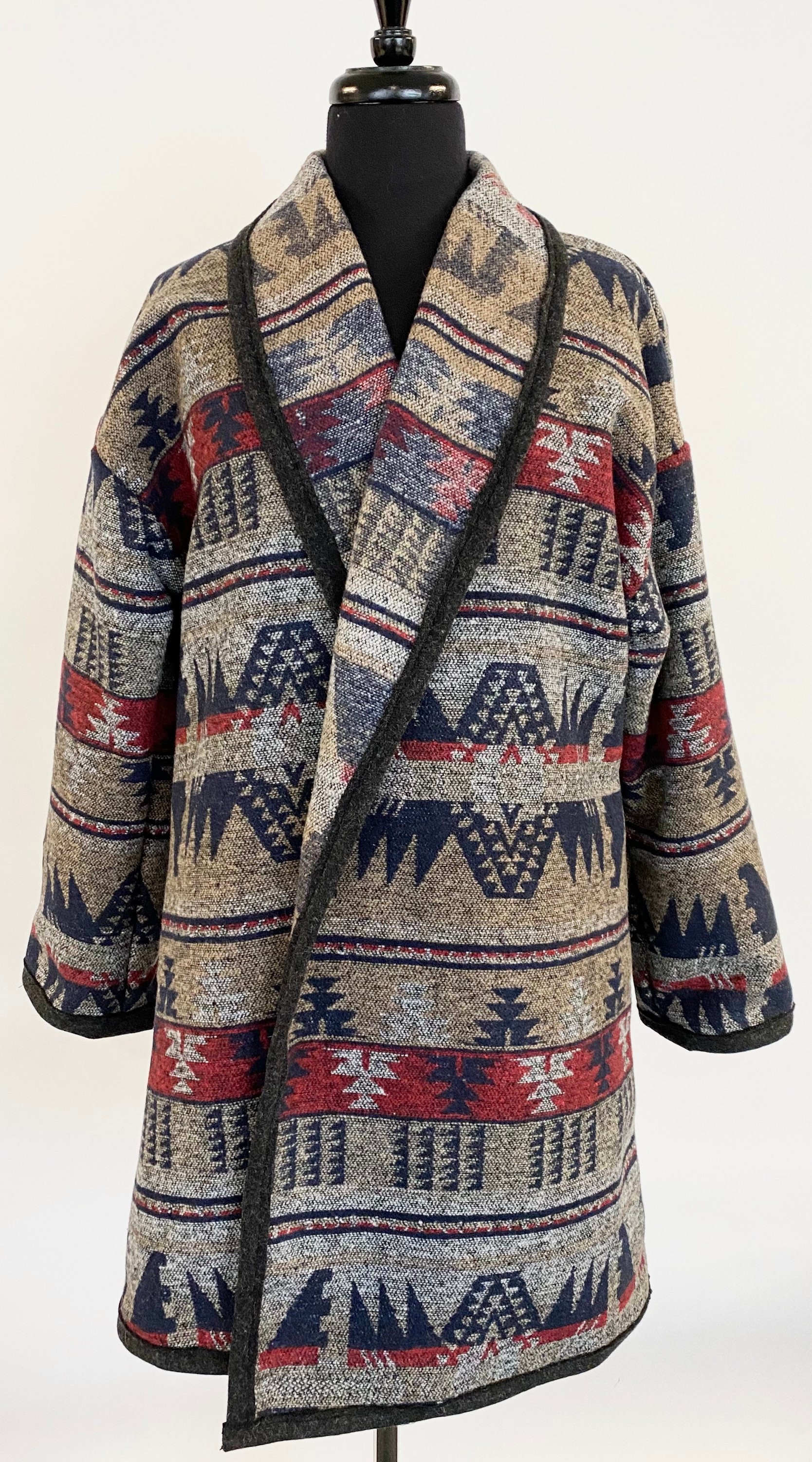 Cardigan Coat In Southwest Print Earthy Tones Merlot Navy