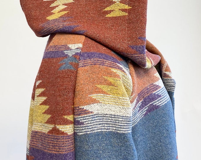 Ready To Ship - Long Coat In Southwest Diamond Print With Hood And Pockets Colors Burnt Sienna Purple Gold - Size Large