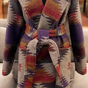 Wool Blend Trench Coat In Purple Red Gold And Grey - Valley