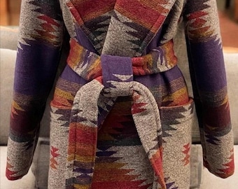 Wool Blend Trench Coat In Purple Red Gold And Grey - Valley