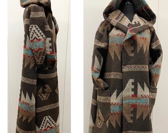 Wool Blend Brown Tone Long Cardigan Coat With Hood