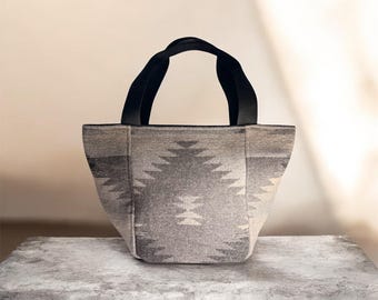 Wool Blend Tote Bag With Denim Lining In Grey Tones  - Small