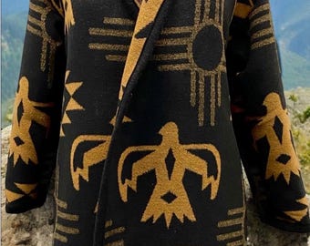 Gorgeous Cardigan Coat In Black And Yellow Thunderbird And Sun Print - Long Jacket | Fall Layer - Free Shipping, No Duties