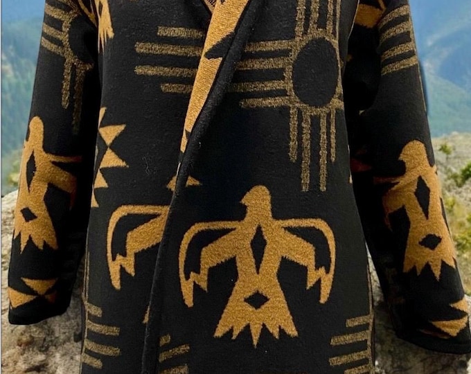 Gorgeous Cardigan Coat In Black And Yellow Thunderbird And Sun Print - Long Jacket | Fall Layer | Beach Cover Up | Various Sizes