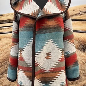 Wool Blend Cardigan Coat With Deep Hood In Orange Red Brown And Dark Turquoise - Plateau - Jacket | Fall Layer | Various Sizes