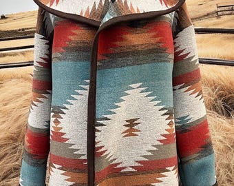 Wool Blend Cardigan Coat With Deep Hood In Orange Red Brown And Dark Turquoise - Plateau