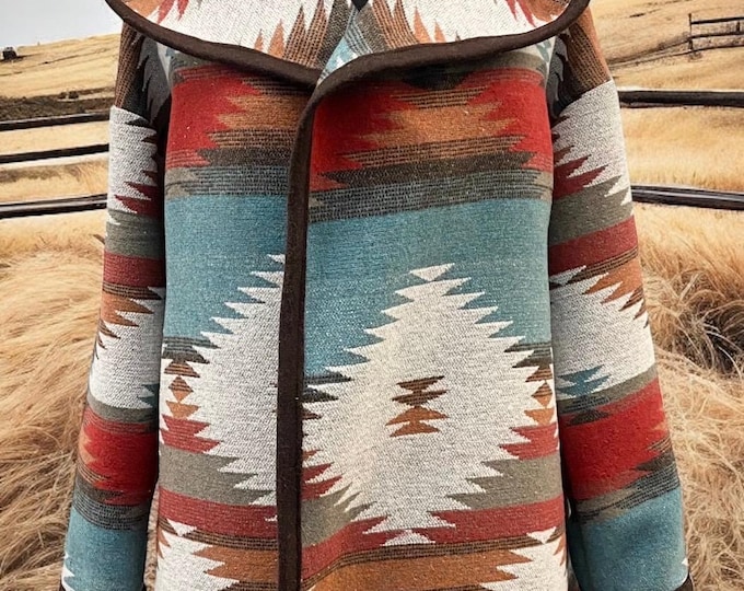 Wool Blend Cardigan Coat With Deep Hood In Orange Red Brown And Dark Turquoise - Plateau