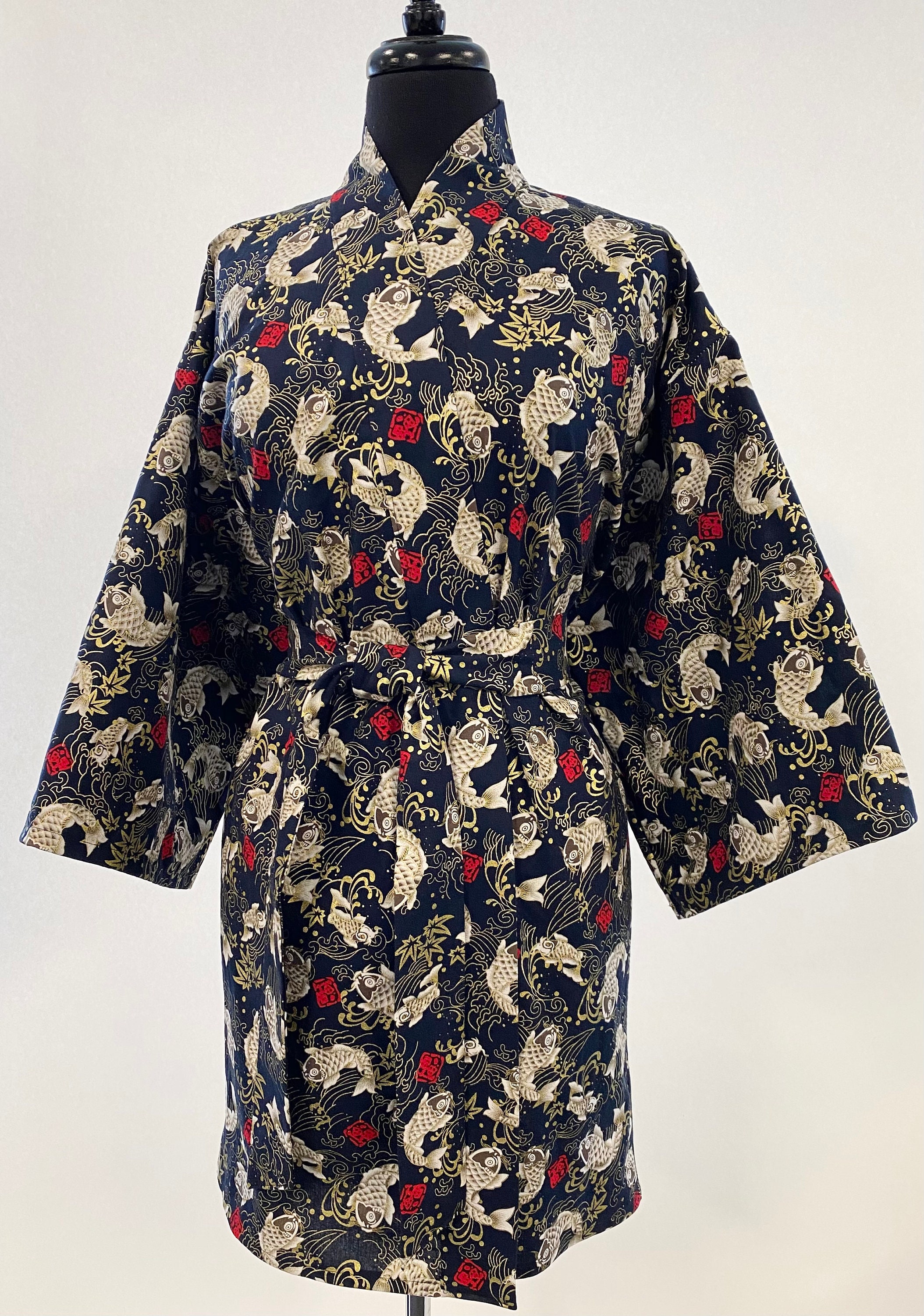 Ready To Ship - Cotton Kimono Robe In Dark Navy With Koi Fish