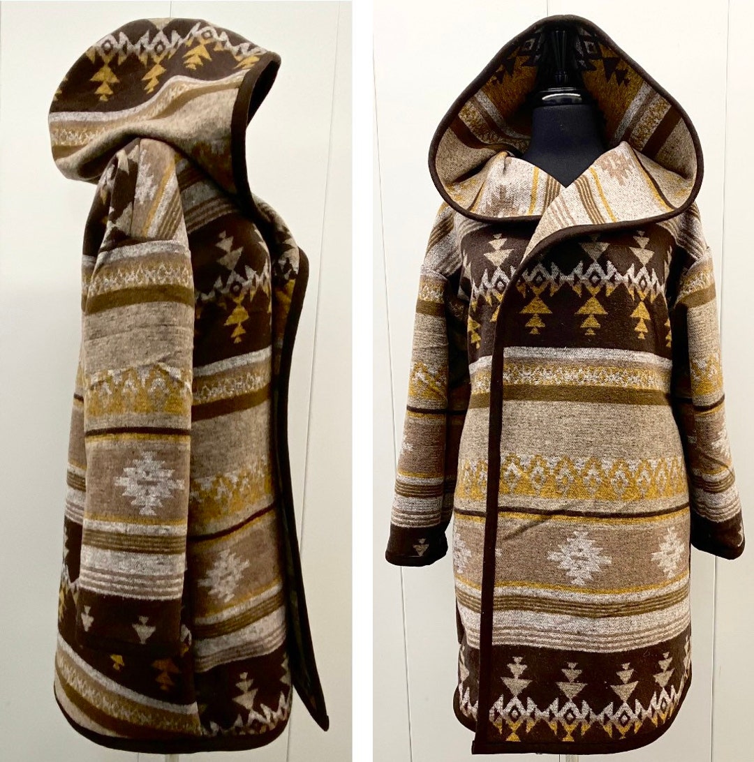 Wool Blend Cardigan Coat in Aztec Print Earth Tones Brown Wheat and ...