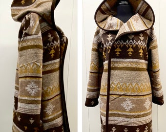 Wool Blend Cardigan Coat In Aztec Print Earth Tones Brown Wheat And Yellows - Soon To Be Discontinued
