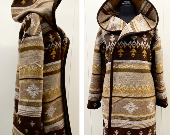 Wool Blend Cardigan Coat In Aztec Print Earth Tones Brown Wheat And Yellows