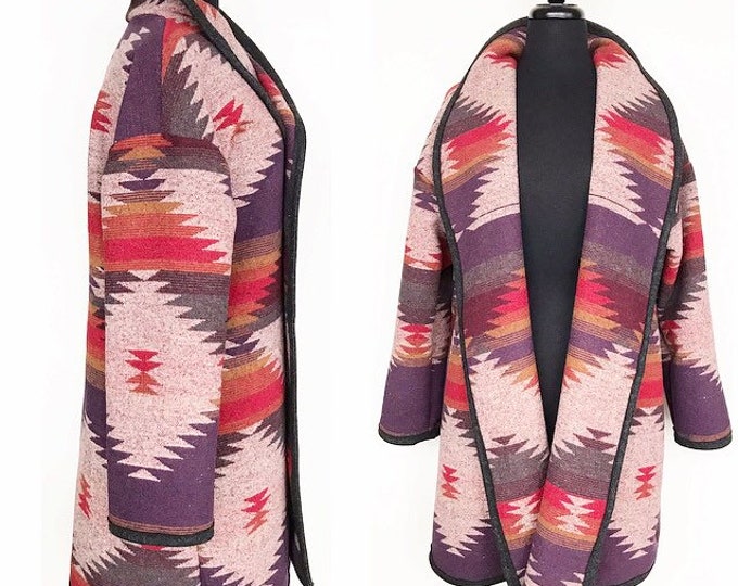 Wool Blend Cardigan Coat In Purple Red Gold And Grey - Valley