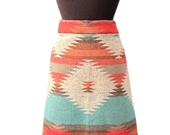 Wool Blend Skirt In Orange Red Brown And Dark Turquoise - Plateau