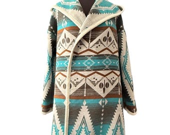 Wool Blend Cardigan Coat With Deep Hood - Crystal Blue - Long Jacket | Fall Layer | Beach Cover Up - Free Shipping, No Duties