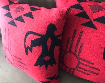 Wool Blend 2 Pillow Set In Red And Black Thunderbird Sun And Diamond Print