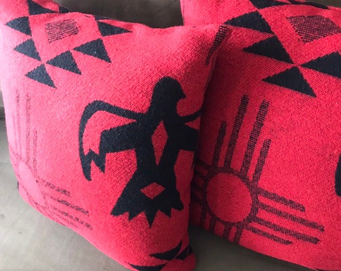 Wool Blend 2 Pillow Set In Red And Black Thunderbird Sun And Diamond Print