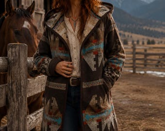 Wool Blend Cardigan Coat With Deep Hood In Brown Tones - Breckendale - Long Jacket | Fall Layer | Handmade Outerwear