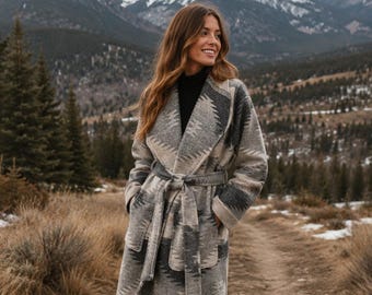 Wool Blend Robe Coat With Shawl Collar In Colors In Black And Grey Tones