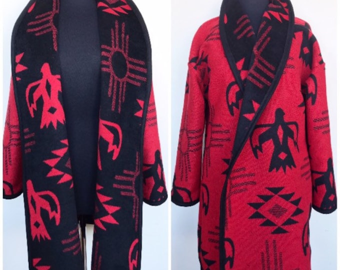 Wool Blend Cardigan Coat In Red And Black Thunderbird Sun Print