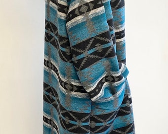 Sample Sale - Long Cardigan Coat In Aqua Blue Black And White Southwest Print With Hood And Pockets
