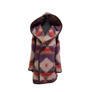 Sample Sale - Wool Blend Cardigan Coat With Hood In Purple Red Gold And Grey - Valley