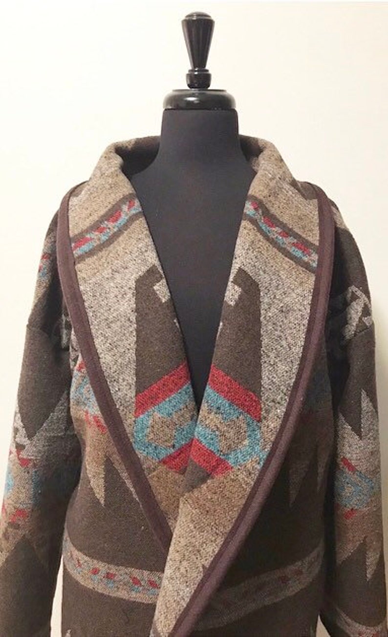 Wool Blend Cardigan Coat in Southwest Print Brown Tones | Etsy
