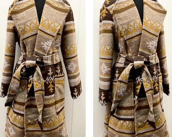 Wool Blend Trench Coat In Aztec Print Earth Tones Brown Wheat And Yellows