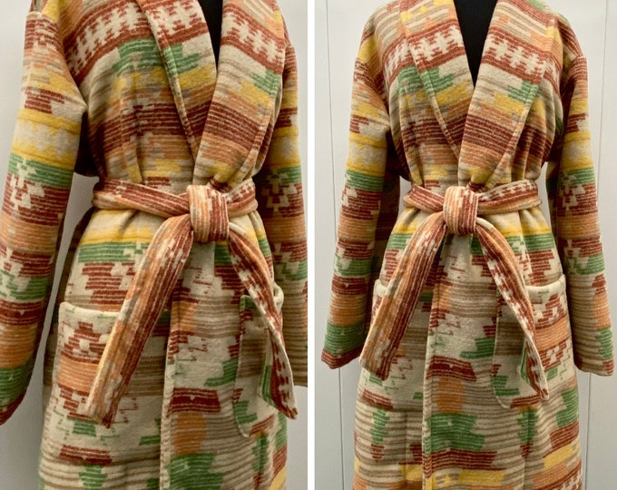 Wool Blend Robe Coat With Shawl Collar In Yellow Red Green And Beige - Heavyweight - Soon To Be Discontinued