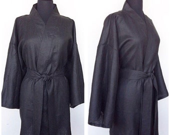 100% Cotton Kimono Robe In Black