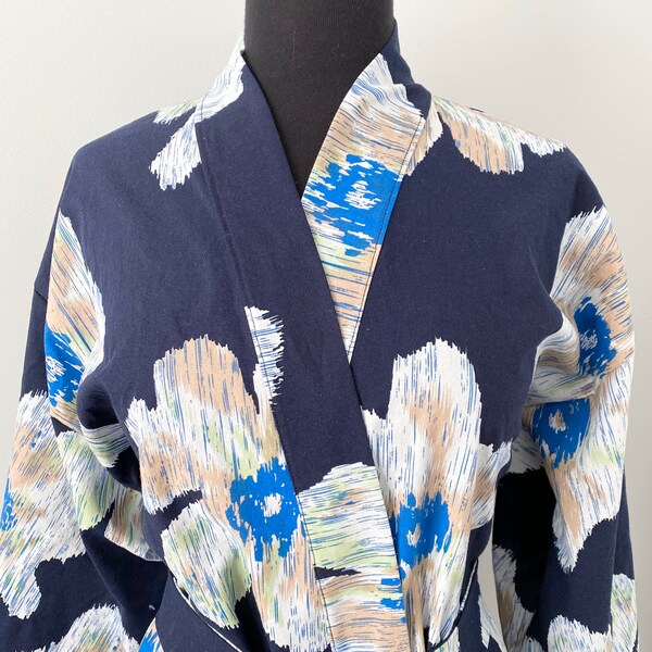 Cotton Kimono Robe In Navy Blue And Hawaiian Print