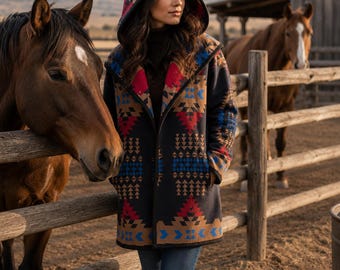 One of a Kind Southwestern Hooded Coat | Women’s Small Blanket Coat | Wool Blend Ranch Coat | Belted Western Jacket with Pockets - Size Smal