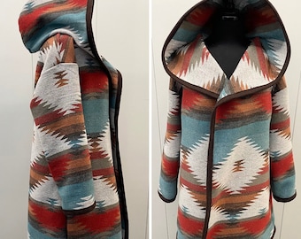 Wool Blend Cardigan Coat With Deep Hood In Southwest Print Orange Red Brown And Dark Turquoise