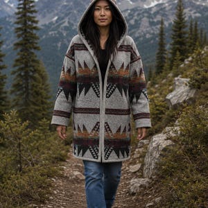 Wool Blend Cardigan Coat With Deep Hood In Yellow Orange Merlot And Blue - North Shore - Handmade Outerwear