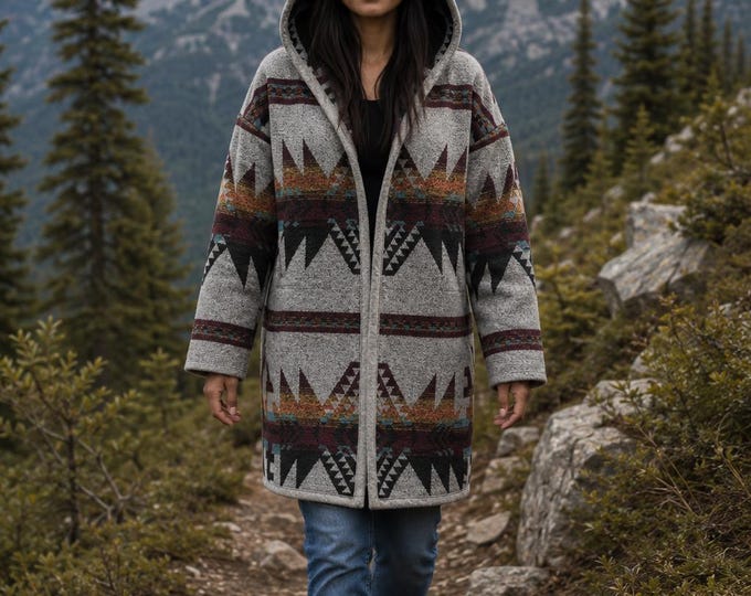 Wool Blend Cardigan Coat With Deep Hood In Yellow Orange Merlot And Blue - North Shore - Handmade Outerwear