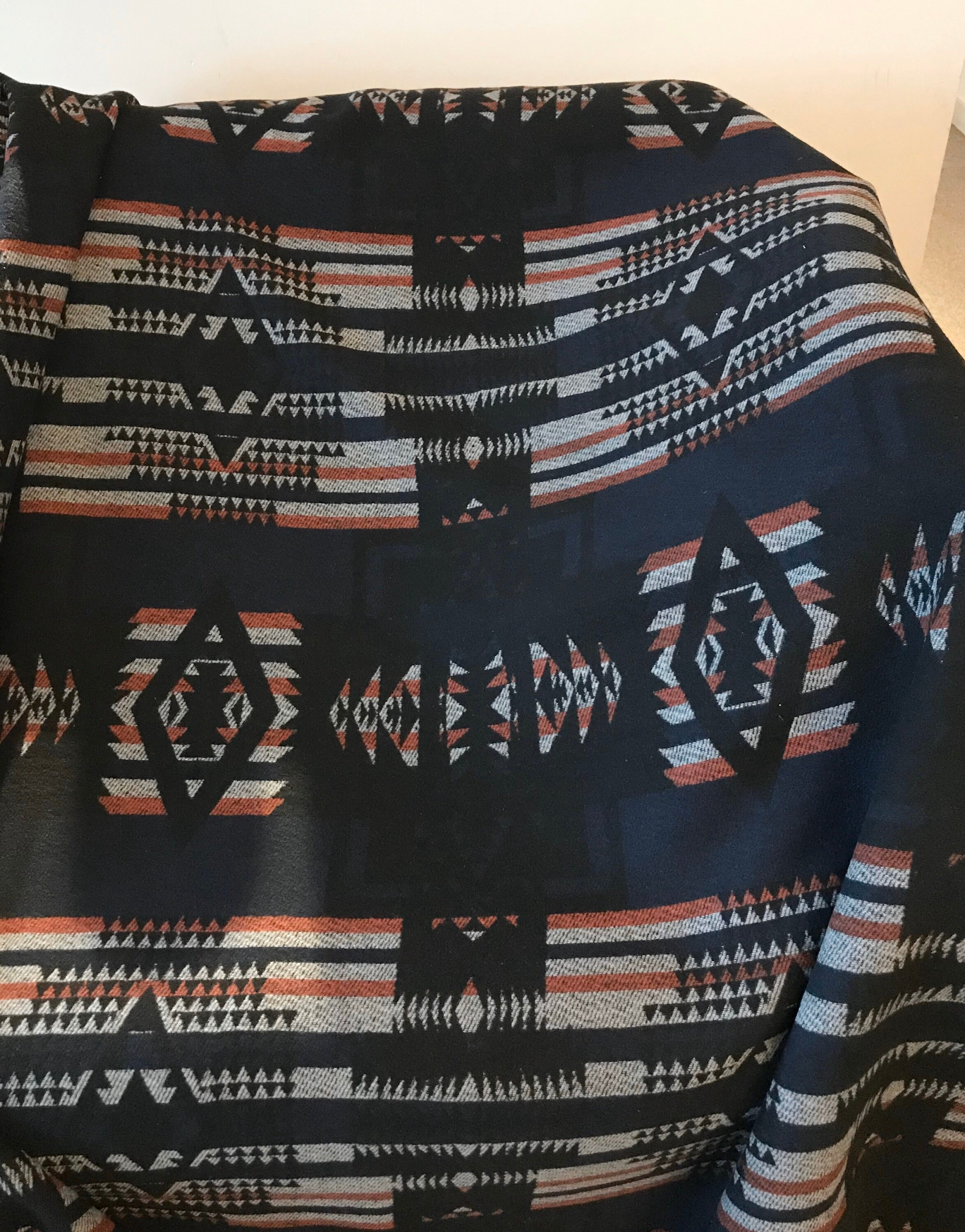 Wool Blend Navajo Print Blanket In Navy Black Sienna and Grey