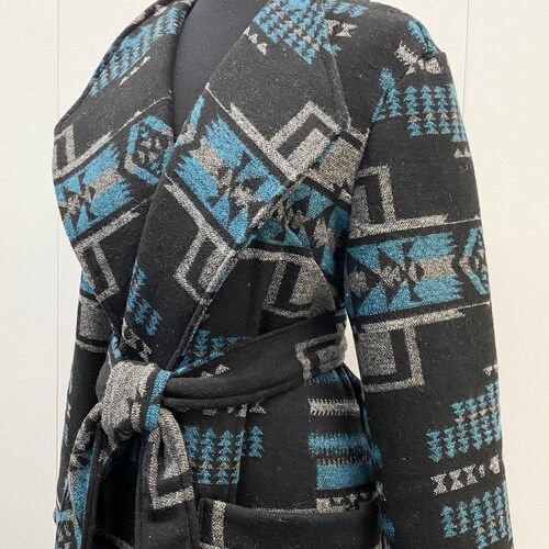 Wool Blend Trench shops Coat In Blue And Black Cross Print