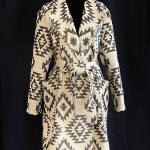 Wool Blend White And Grey Southwestern Print Trench Coat