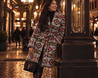 Wool Blend Robe Coat With Shawl Collar In Colors Grey Green Blue Orange And Red