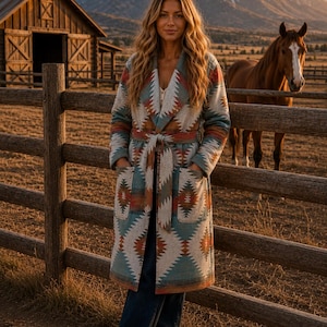 Trench Coat In Wool Blend In Orange Red Brown And Dark Turquoise - Plateau