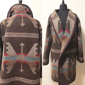 Wool Blend Cardigan Coat In Southwest Print Brown Tones - Unlined