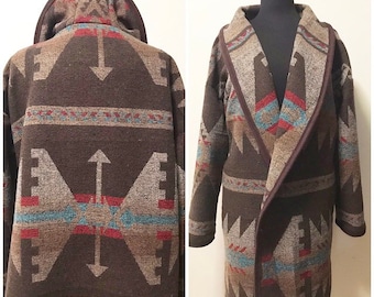 Wool Blend Cardigan Coat In Southwest Print Brown Tones - Unlined