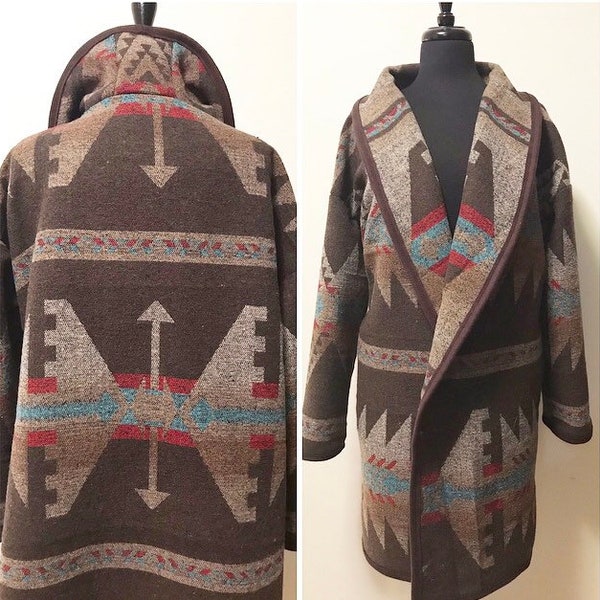 Wool Blend Cardigan Coat In Southwest Print Brown Tones - Unlined