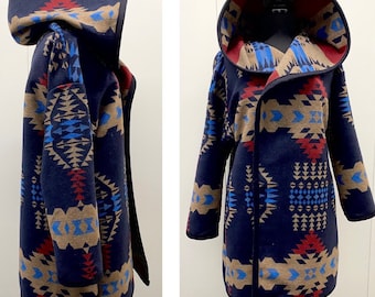 Wool Blend Coat With Deep Hood In Navy Blue Dark Sienna And Camel Colors - Ready To Ship