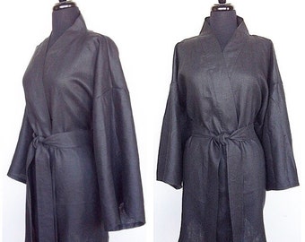 100% Organic Linen Kimono In Color Black