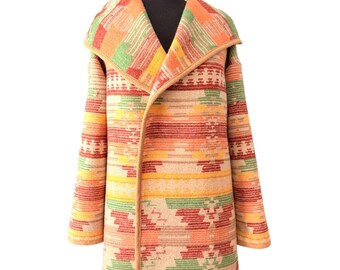 Wool Blend Cardigan Coat With Hood In Yellow Red Green And Beige - Soon To Be Discontinued - Free Shipping, No Duties