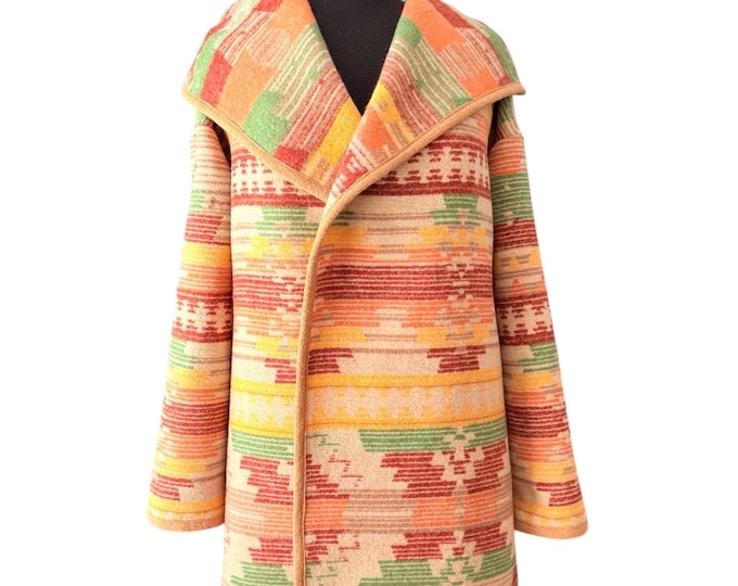 Wool Blend Cardigan Coat With Hood In Yellow Red Green And Beige - Soon To Be Discontinued - Free Shipping, No Duties