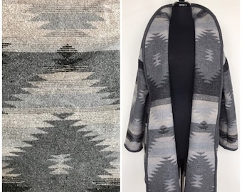 Wool Blend Cardigan Coat In Southwest Diamond Print Grey Tones With Black Trim -  Long Jacket | Fall Layer | Various Sizes