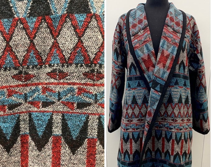 Sample Sale - Wool Blend Cardigan Coat In Blue Black Red And Dark Wheat