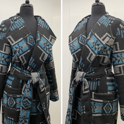 Wool Blend Trench shops Coat In Blue And Black Cross Print